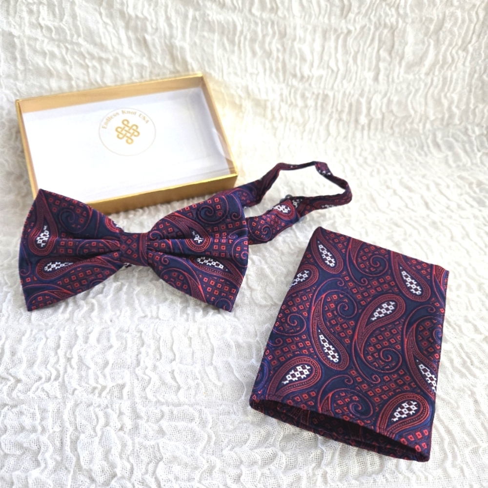 Men's Bow tie‎ Paisley Pre-Tied Bowtie and Handkerchief Set Wedding Formal Party
